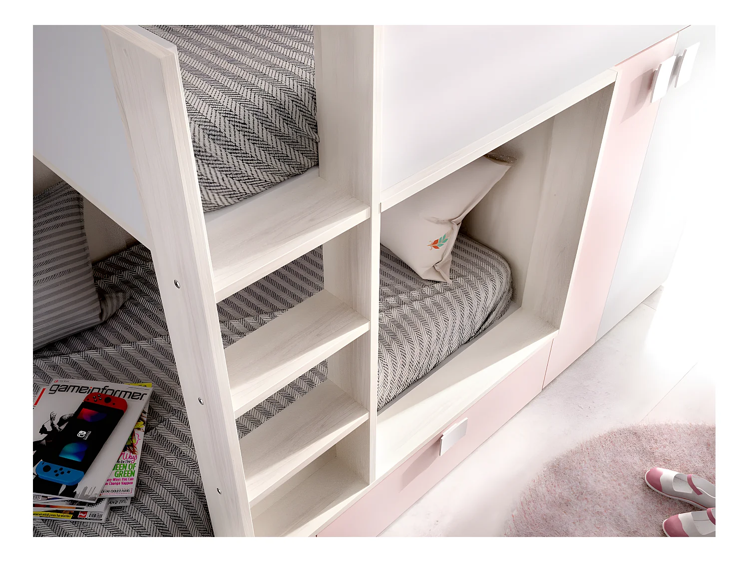 Letto a castello  2 x 90 x 190 cm - Armadio integrato - Bianco, Naturale e Rosa - JUANITO