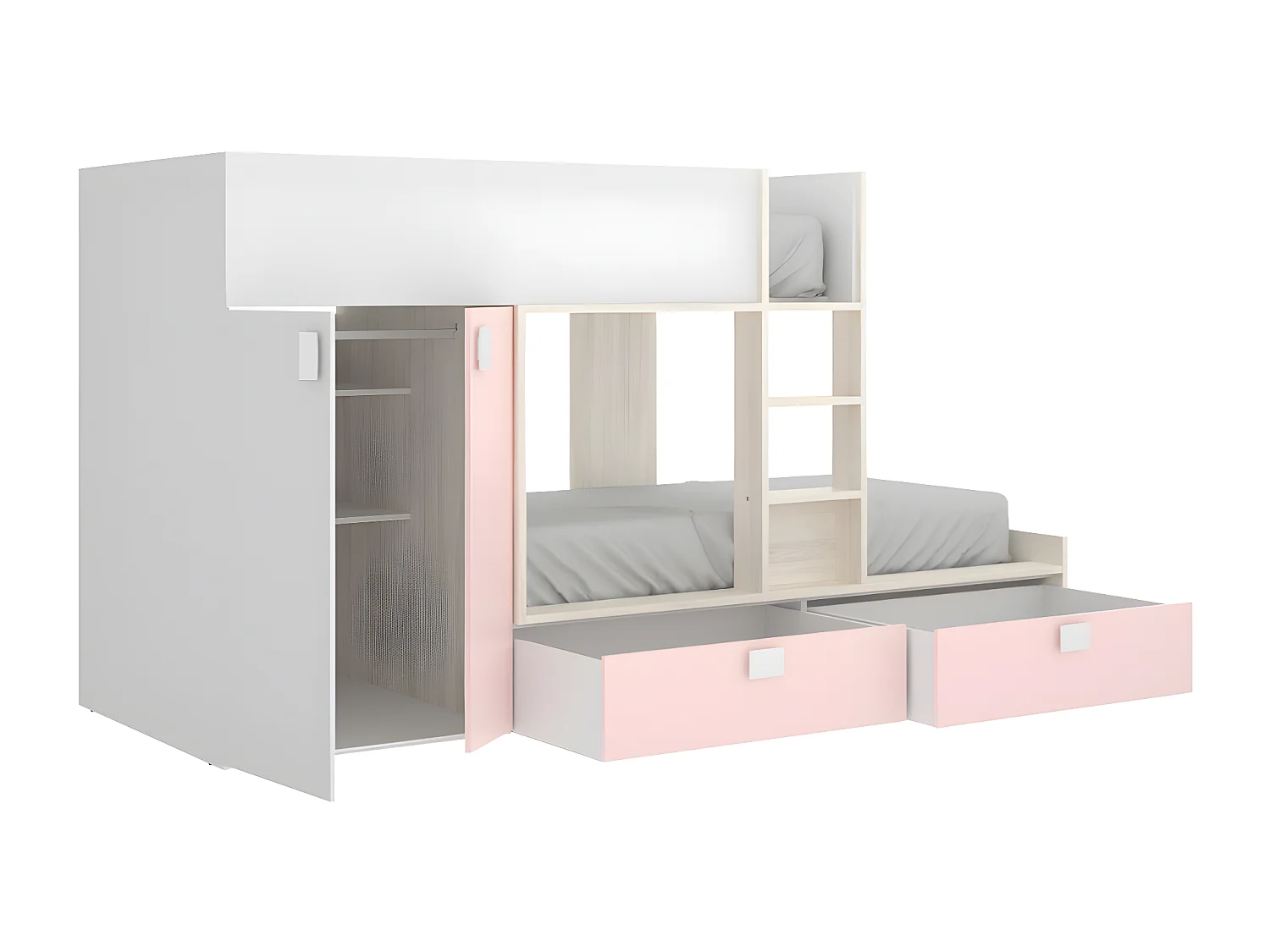 Køjeseng 2 x 90 x 190 cm med indbygget skab i naturfarve lyserød og hvid JUANITO