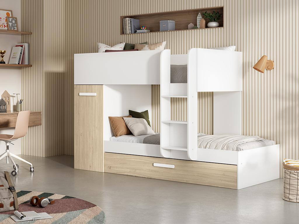 Etagenbett Ausziehbett mit Stauraum - 3x 90 x 190 cm - Weiß & Naturfarben - günstig online kaufen