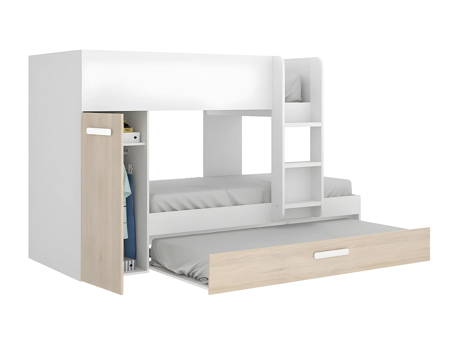 Stapelbed met onderschuifbed en opbergruimte 3x90x190cm - Wit en naturel - ANTHONY