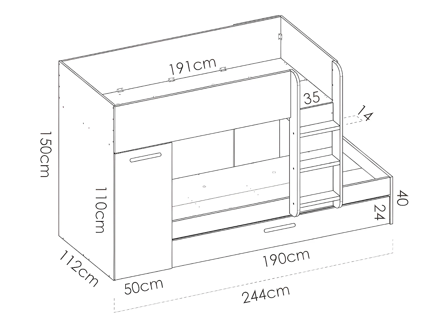 Stapelbed met onderschuifbed en opbergruimte 3x90x190cm - Wit en naturel - ANTHONY