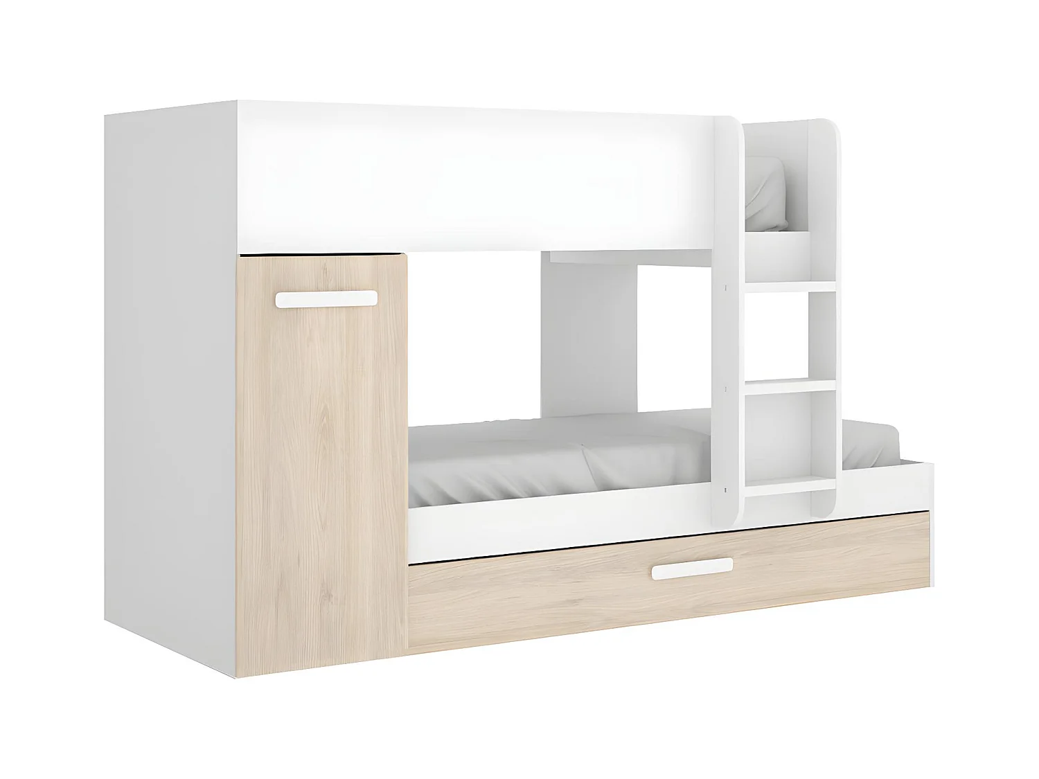 Litera con cama nido y compartimentos 3 x 90 x 190 cm - Blanco y natural - ANTHONY