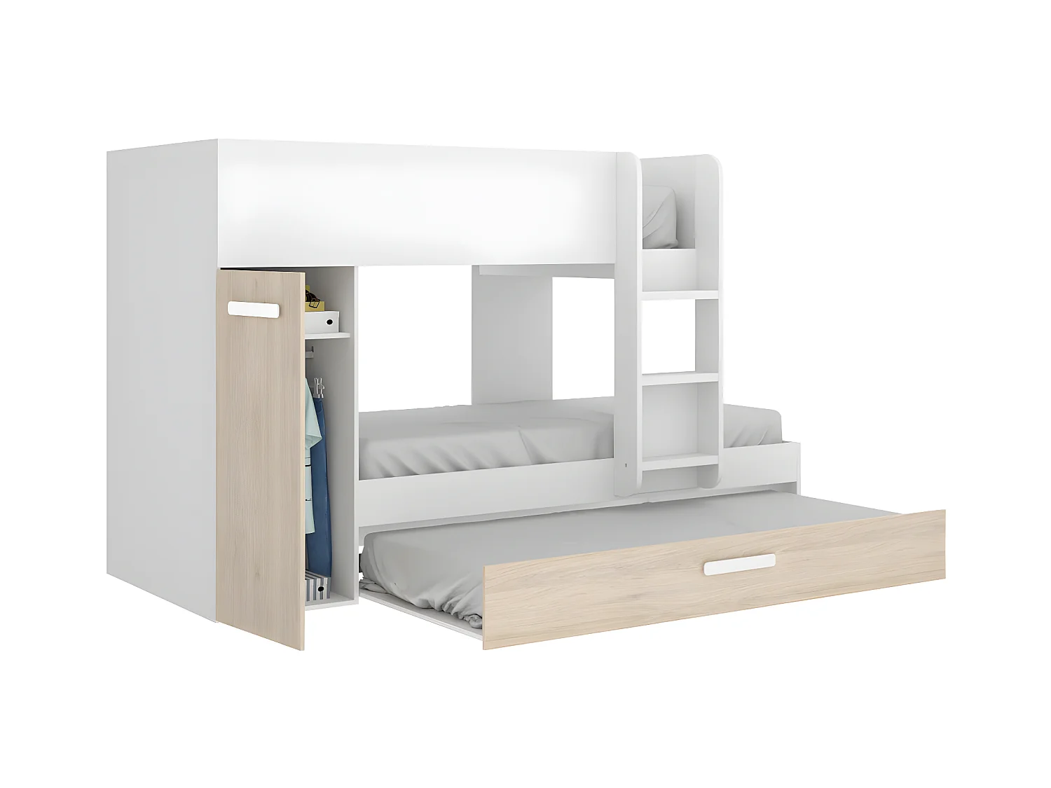 Litera con cama nido y compartimentos 3 x 90 x 190 cm - Blanco y natural - ANTHONY