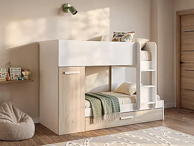 Lits superposés avec tiroir lit gigogne et rangements 3 x 90 x 190 cm - Blanc et Naturel - ANTHONY