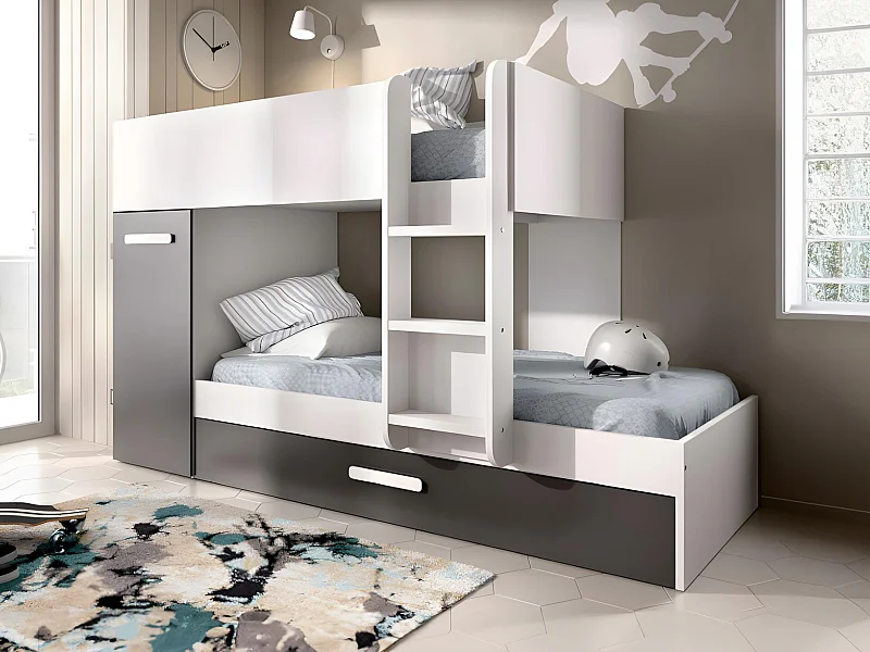 Lits superposés avec tiroir lit gigogne et rangements 3 x 90 x 190 cm - Anthracite et Blanc - ANTHONY