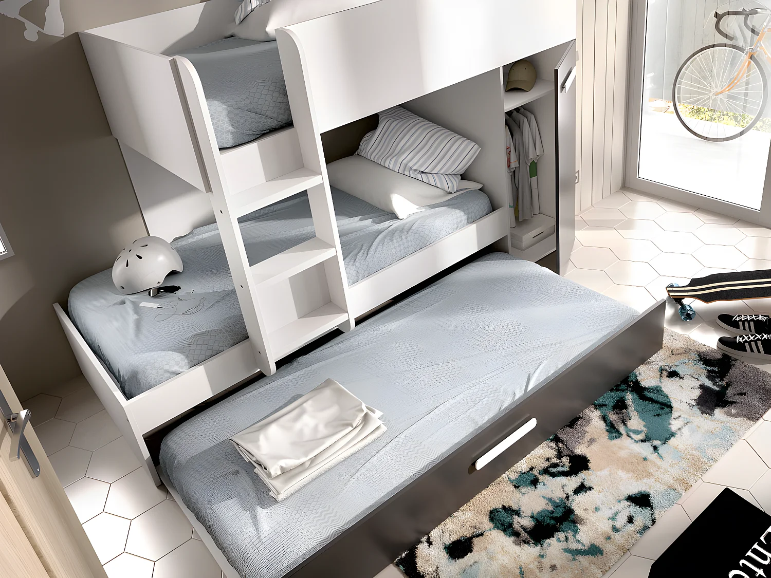 Lits superposés avec tiroir lit gigogne et rangements 3 x 90 x 190 cm - Anthracite et Blanc - ANTHONY