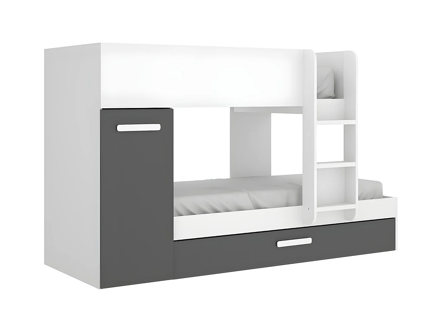 Lits superposés avec tiroir lit gigogne et rangements 3 x 90 x 190 cm - Anthracite et Blanc - ANTHONY