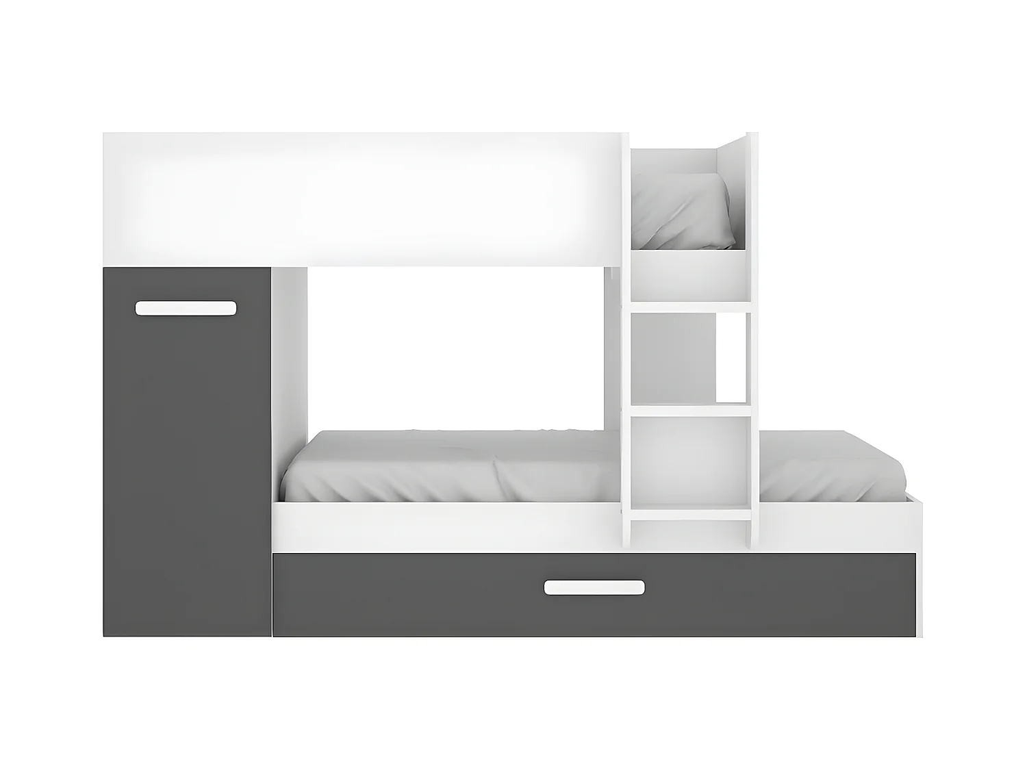 Lits superposés avec tiroir lit gigogne et rangements 3 x 90 x 190 cm - Anthracite et Blanc - ANTHONY