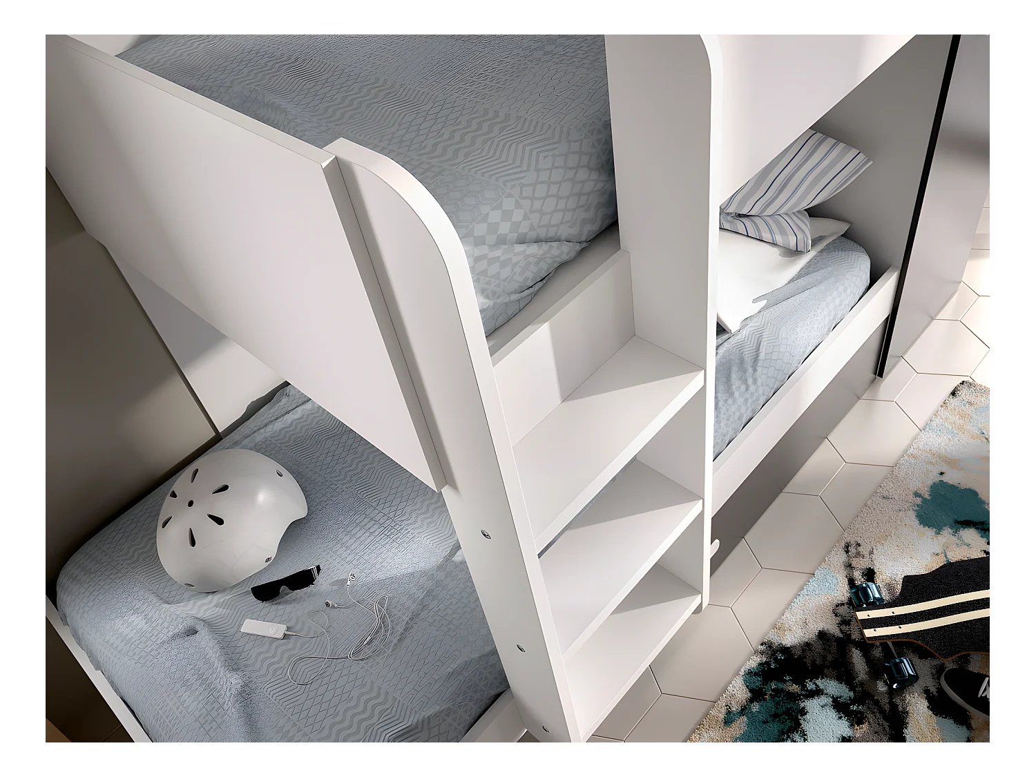 Lits superposés avec tiroir lit gigogne et rangements 3 x 90 x 190 cm - Anthracite et Blanc - ANTHONY