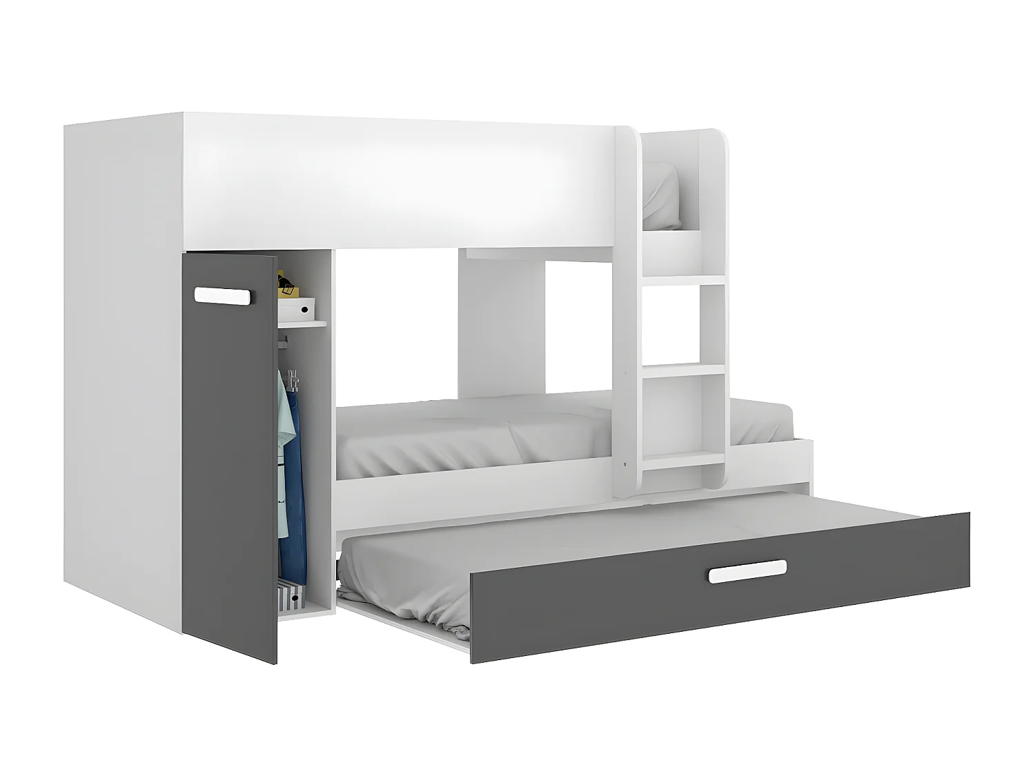 Letto a castello con cassetto letto a scomparsa e contenitori 3 x 90 x 190 cm Antracite e Bianco - ANTHONY