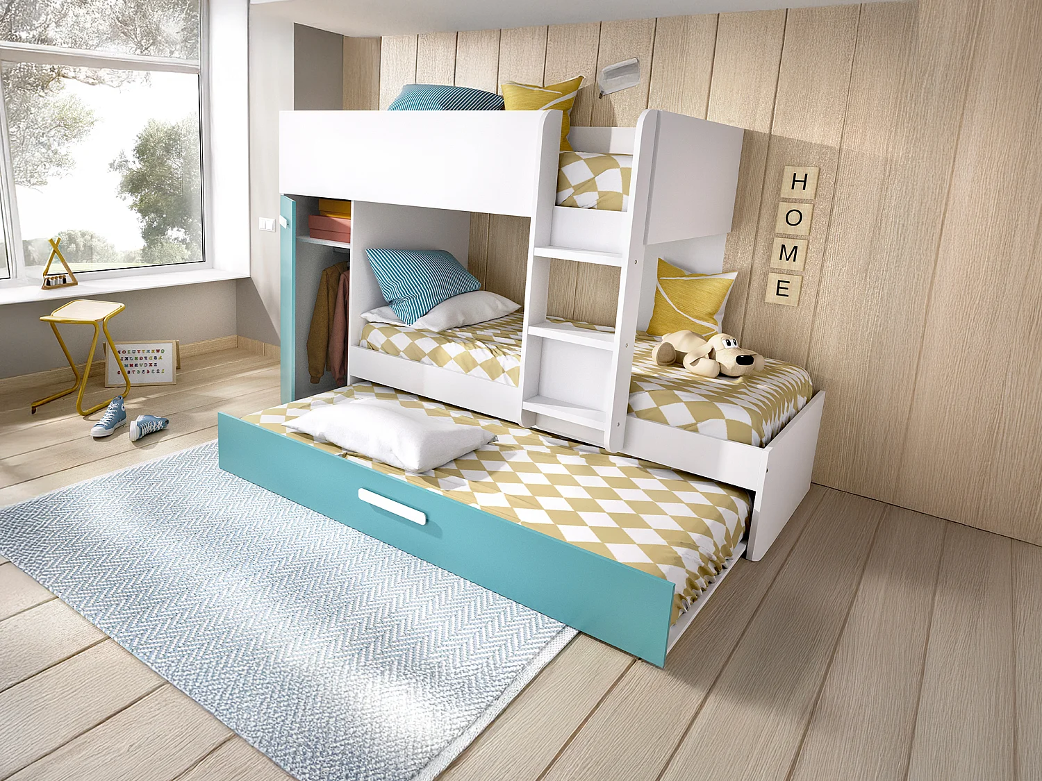 Letto a castello con cassetto letto a scomparsa e contenitori 3 x 90 x 190 cm Bianco, Naturale e Blu - ANTHONY