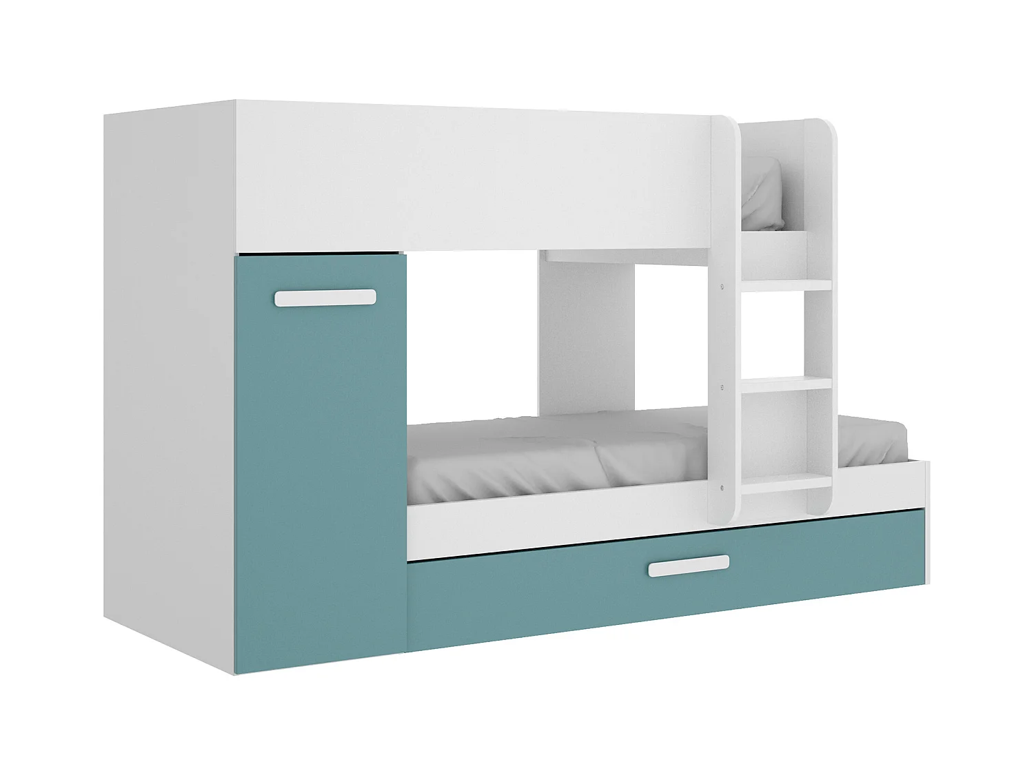 Letto a castello con cassetto letto a scomparsa e contenitori 3 x 90 x 190 cm Bianco, Naturale e Blu - ANTHONY