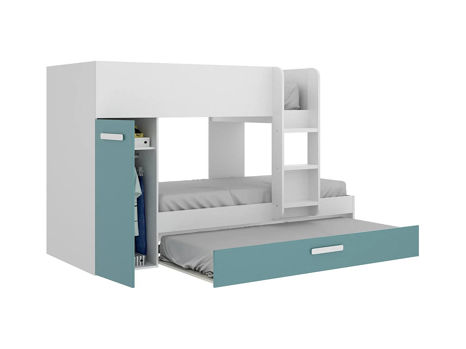 Letto a castello con cassetto letto a scomparsa e contenitori 3 x 90 x 190 cm Bianco, Naturale e Blu - ANTHONY