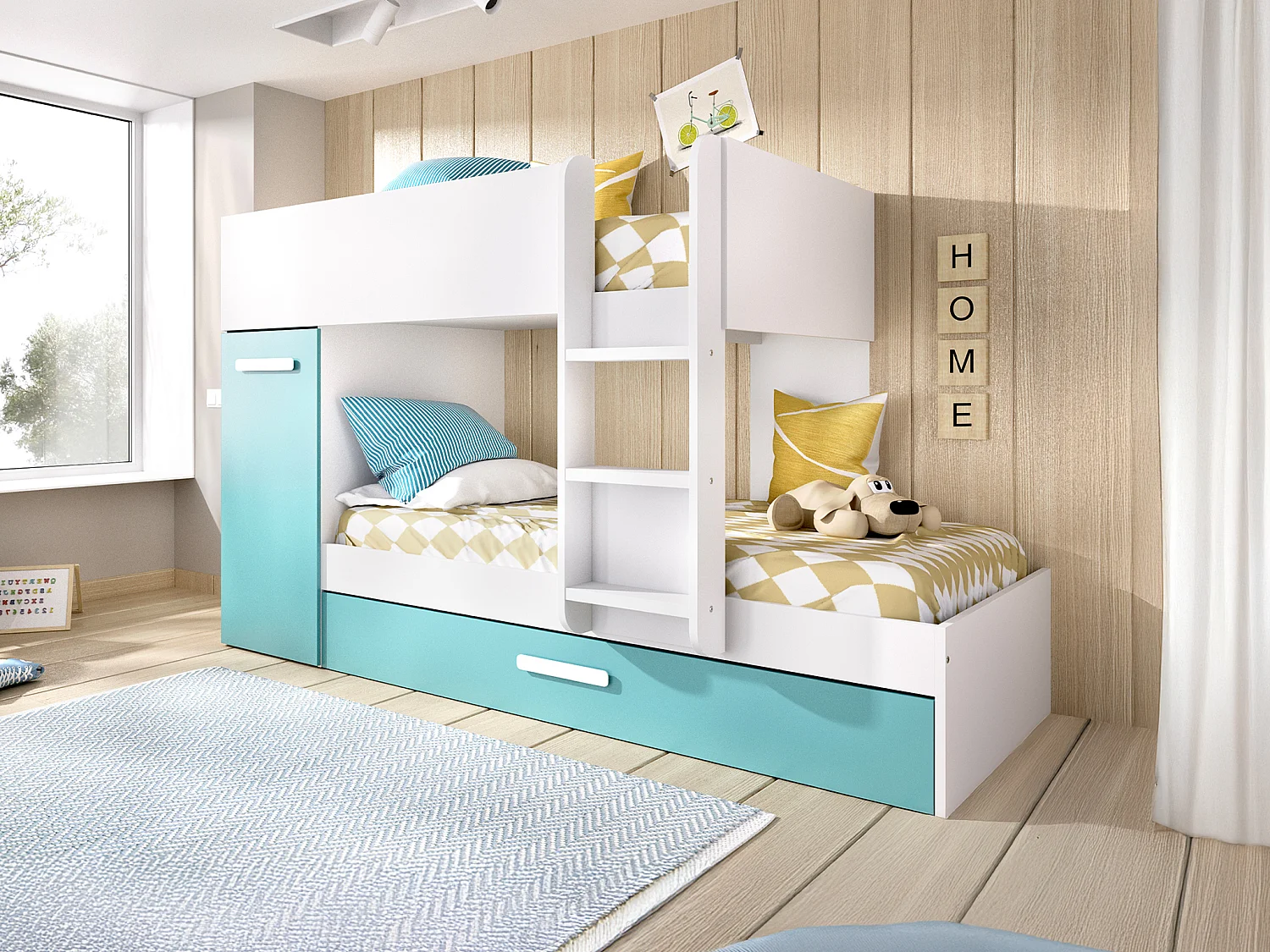 Etagenbett Ausziehbett mit Stauraum - 3x 90 x 190 cm - Weiß, Naturfarben & Blau - ANTHONY