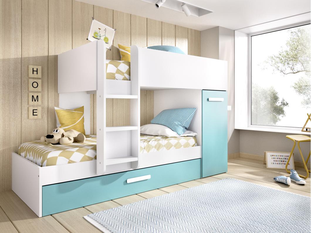 Etagenbett Ausziehbett mit Stauraum - 3x 90 x 190 cm - Weiß, Naturfarben & Blau - ANTHONY