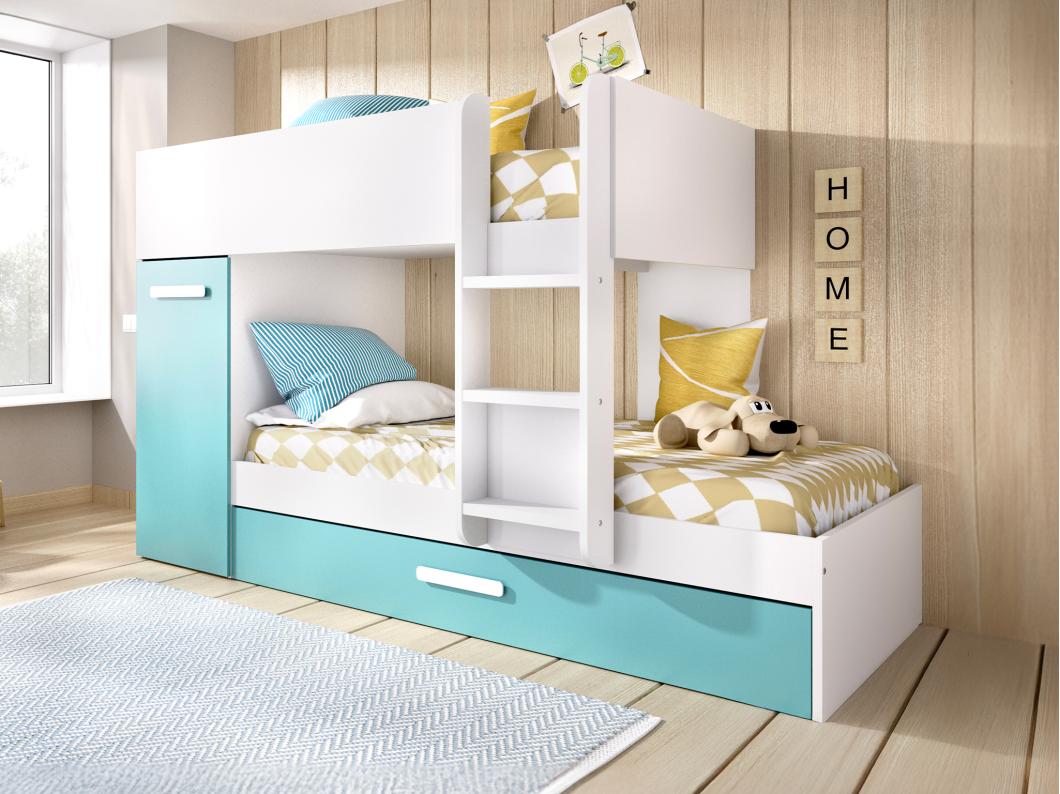 Letto a castello con cassetto letto a scomparsa e contenitori 3 x 90 x 190 cm Bianco, Naturale e Blu - ANTHONY