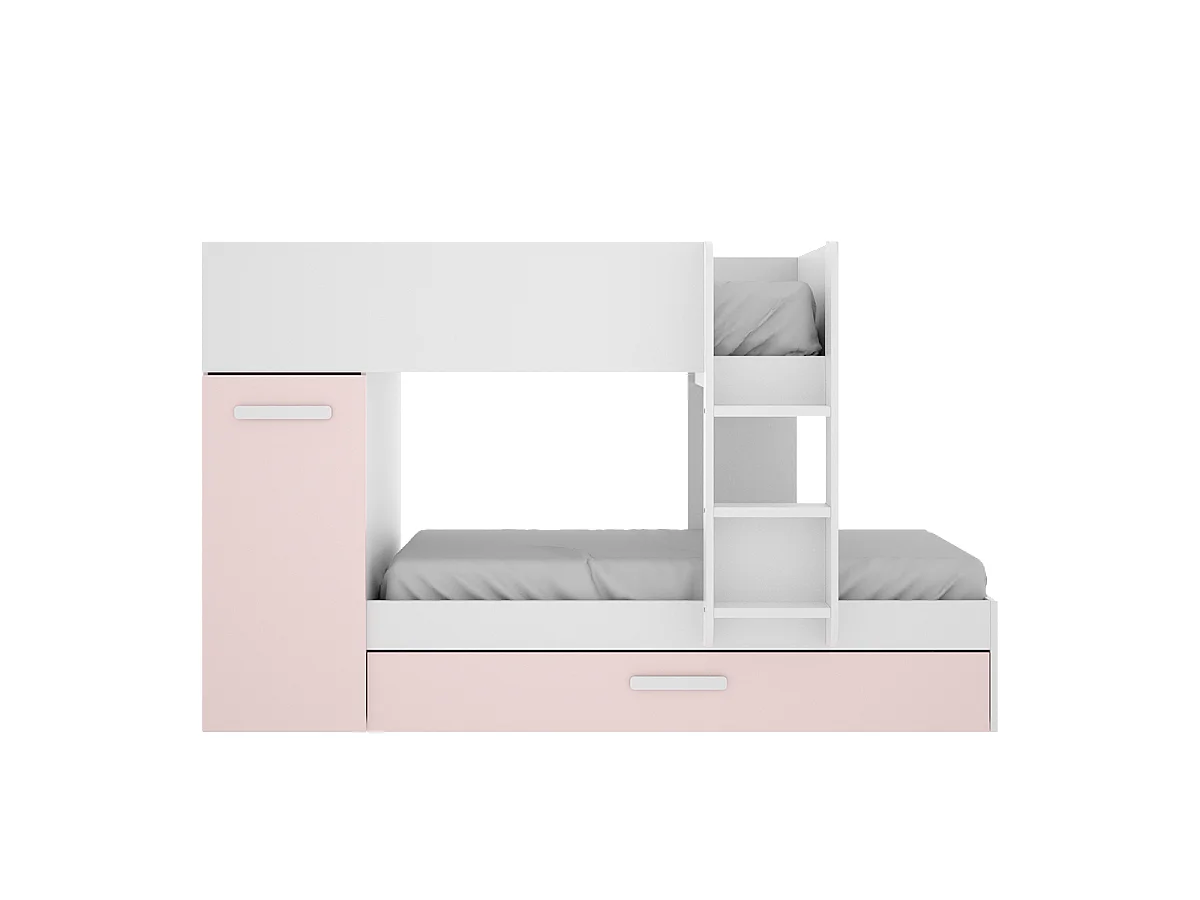 Lits superposés avec tiroir lit gigogne et rangements 3 x 90 x 190 cm - Blanc et rose - ANTHONY