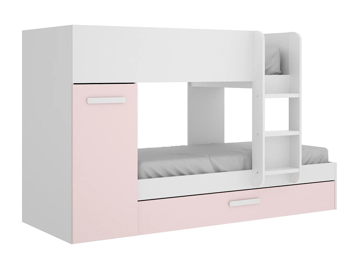 Lits superposés avec tiroir lit gigogne et rangements 3 x 90 x 190 cm - Blanc et rose - ANTHONY