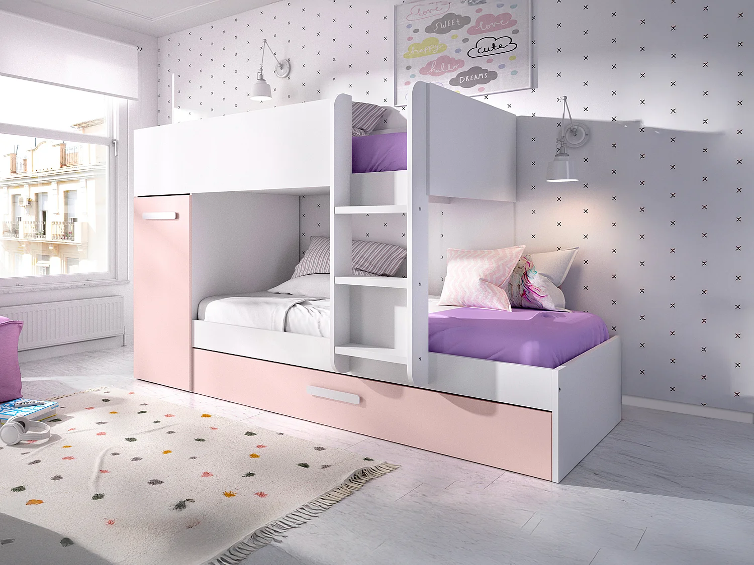 Lits superposés avec tiroir lit gigogne et rangements 3 x 90 x 190 cm - Blanc et rose - ANTHONY