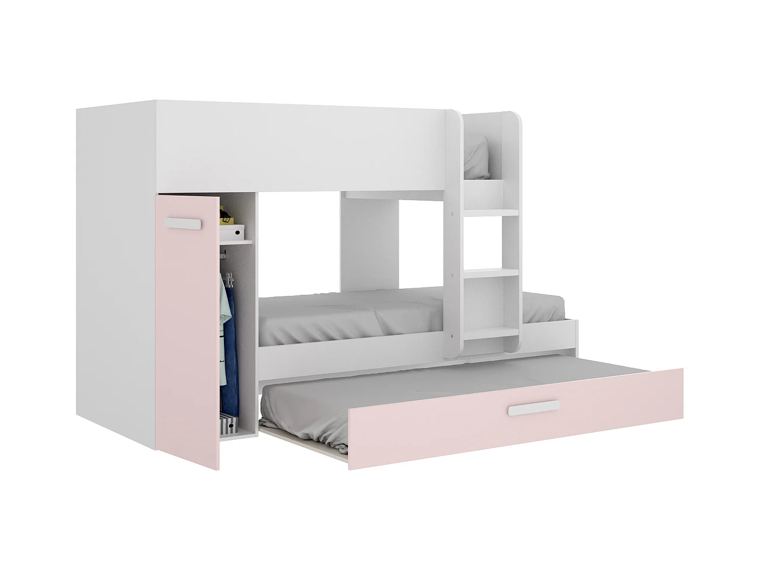 Stapelbed met slaaplade en opbergruimtes 3 x 90 x 190 cm - Wit, naturel en roze - ANTHONY