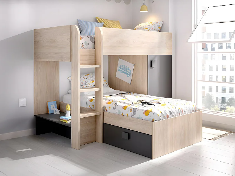 Omkeerbare hoekstapelbed RICARDO - 2 x 90x190cm - opbergruimte - Grijs en Antraciet