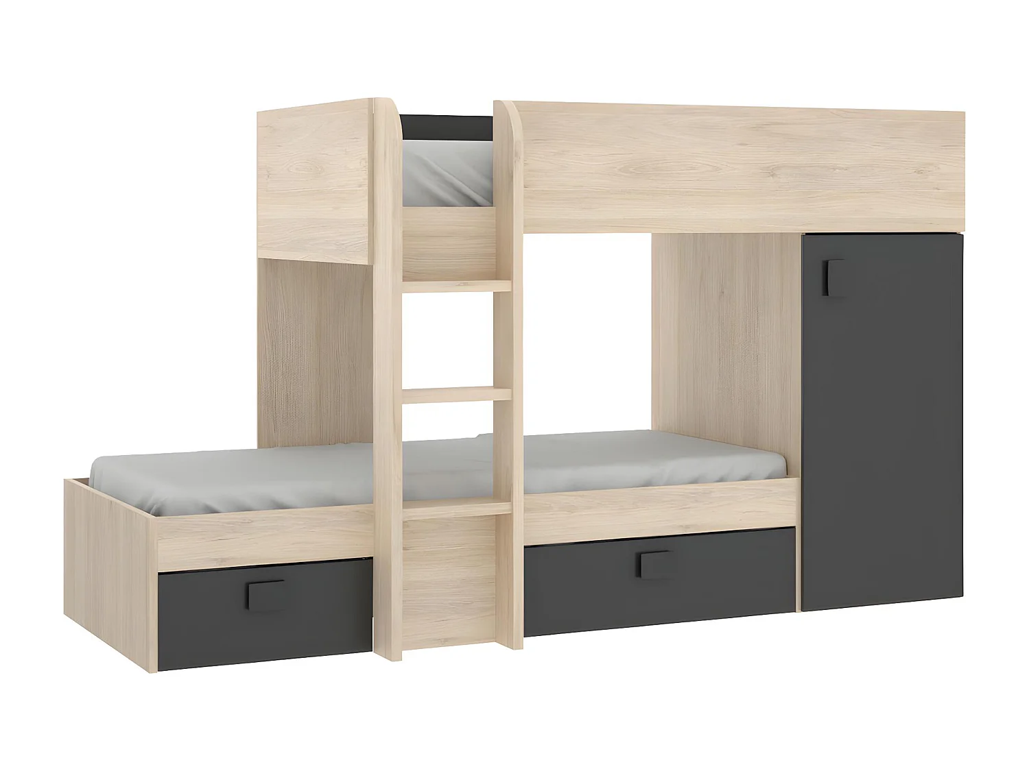 Lits superposés d'angle réversibles RICARDO - 2 x 90 x 190 cm - Rangements intégrés - Chêne et anthracite