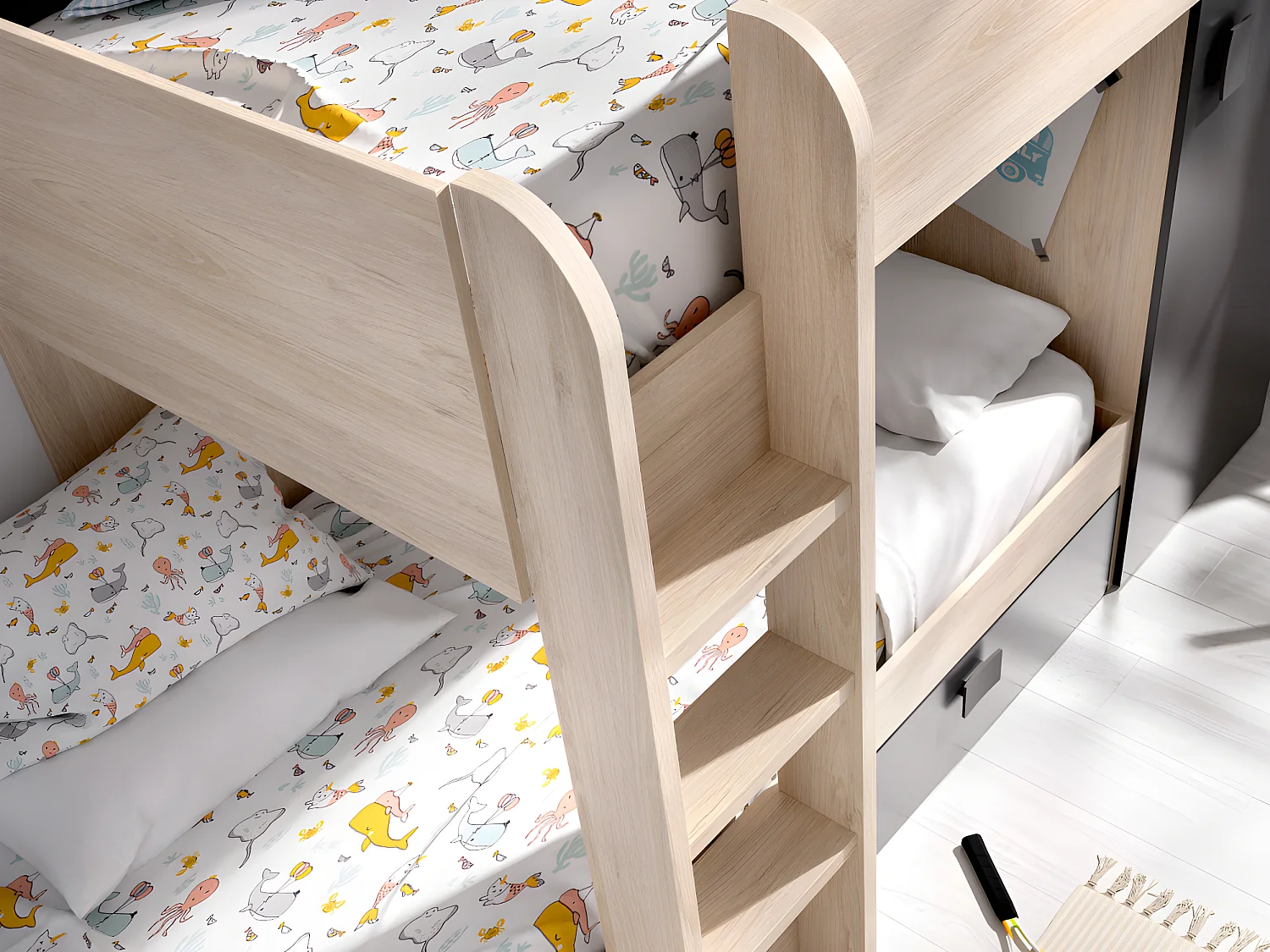 Lits superposés d'angle réversibles RICARDO - 2 x 90 x 190 cm - Rangements intégrés - Chêne et anthracite