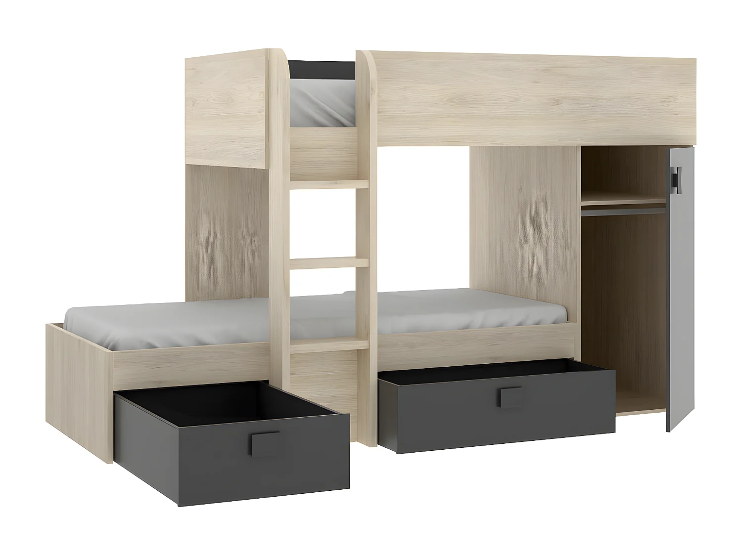 Lits superposés d'angle réversibles RICARDO - 2 x 90 x 190 cm - Rangements intégrés - Chêne et anthracite