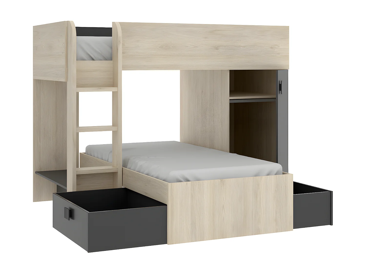 Lits superposés d'angle réversibles RICARDO - 2 x 90 x 190 cm - Rangements intégrés - Chêne et anthracite