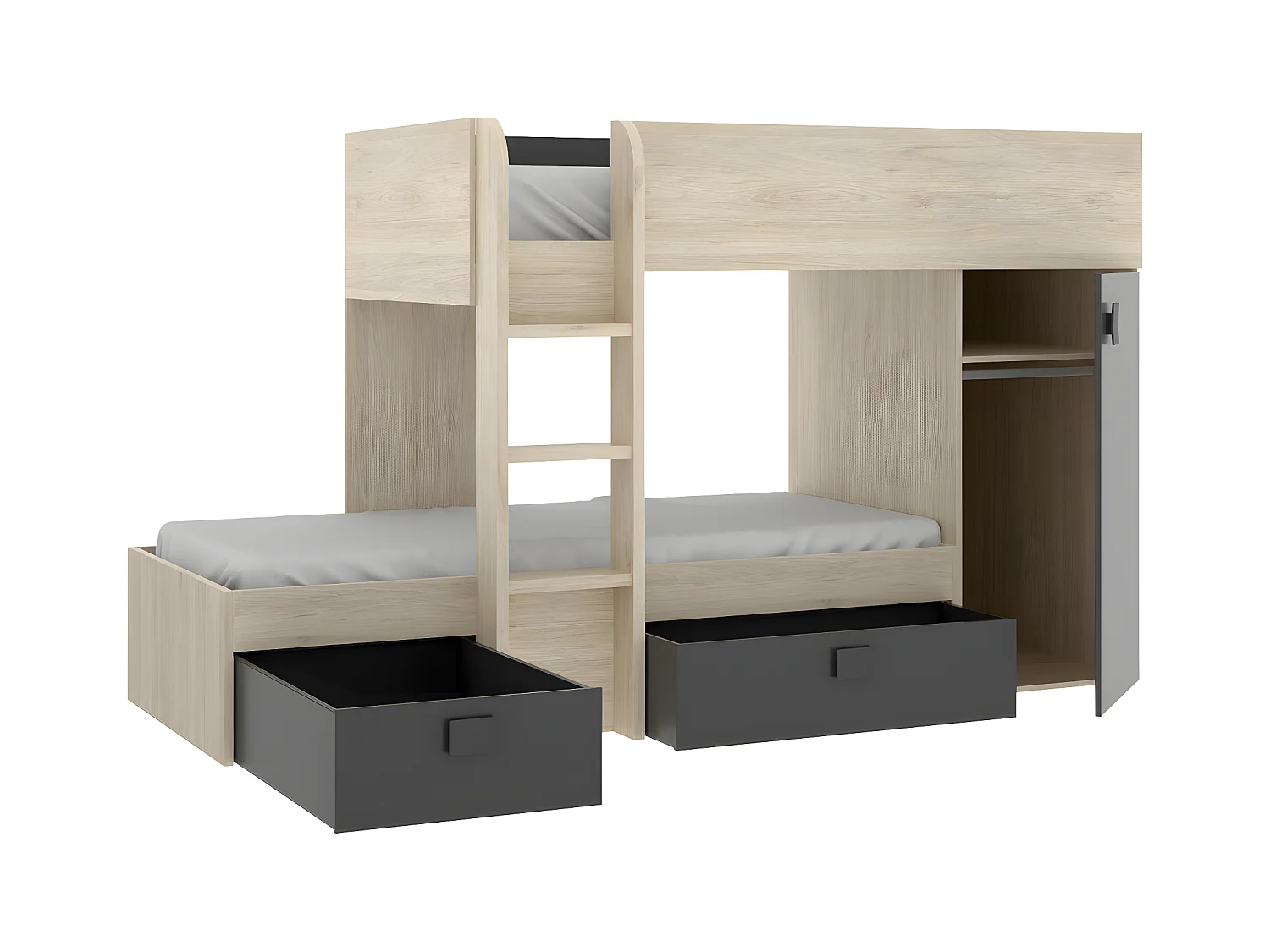 Omkeerbare hoekstapelbed RICARDO - 2 x 90x190cm - opbergruimte - Grijs en Antraciet