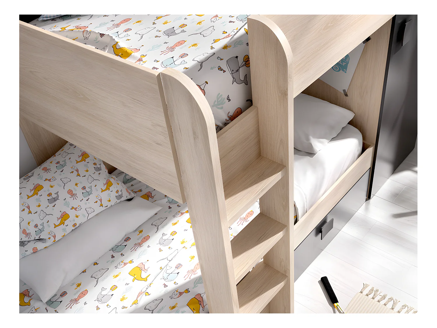 Omkeerbare hoekstapelbed RICARDO - 2 x 90x190cm - opbergruimte - Grijs en Antraciet