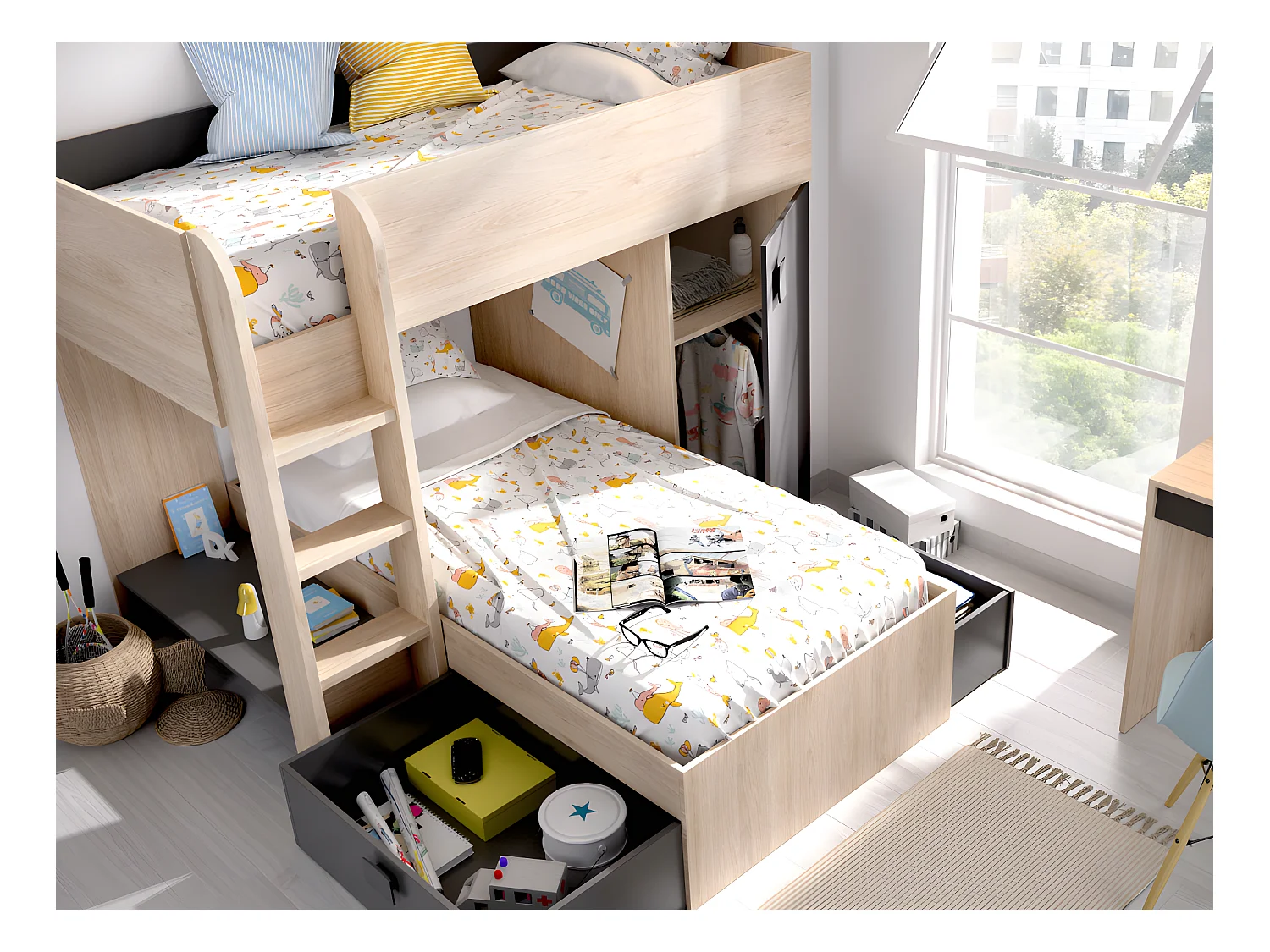 Omkeerbare hoekstapelbed RICARDO - 2 x 90x190cm - opbergruimte - Grijs en Antraciet