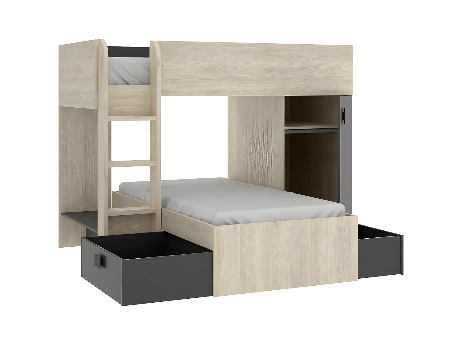 Omkeerbare hoekstapelbed RICARDO - 2 x 90x190cm - opbergruimte - Grijs en Antraciet