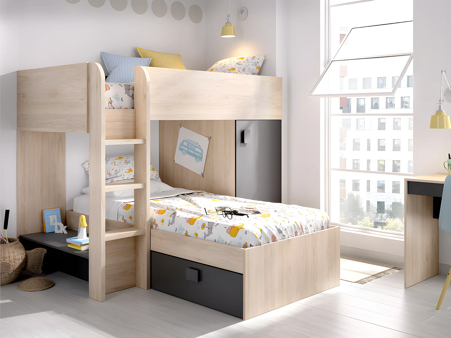 Vendbare hjørnesenge med opbevaringsplads RICARDO - 2 x 90 x 190 cm - Integreret opbevaringsplads - Eg og antracitgrå