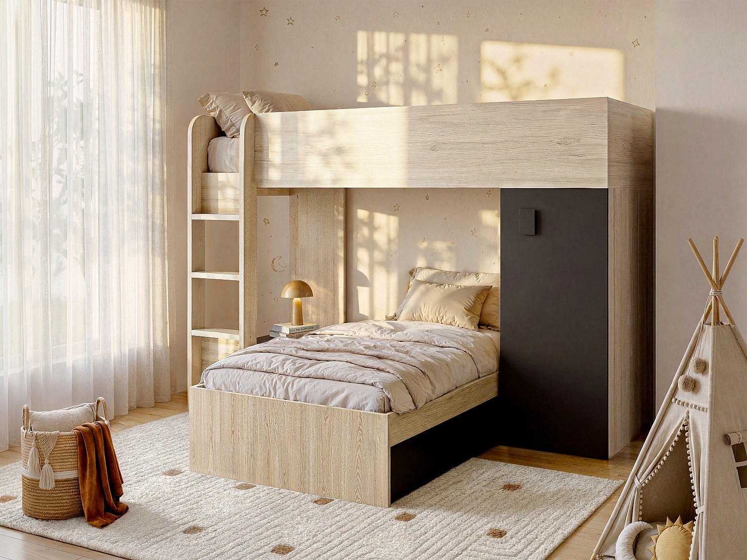 Eck-Hochbett modulierbar - 2 x 90 x 190 cm - mit Stauraum - Holzfarben & Anthrazit - RICARDO