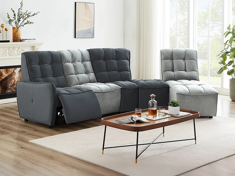 Sofá de canto articulado modular em veludo cor cinza-claro e antracite - ALFORD