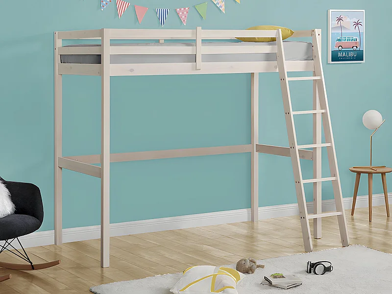 Cama mezzanine 90x190 cm em pinho maciço esbranquiçado - GEDEON