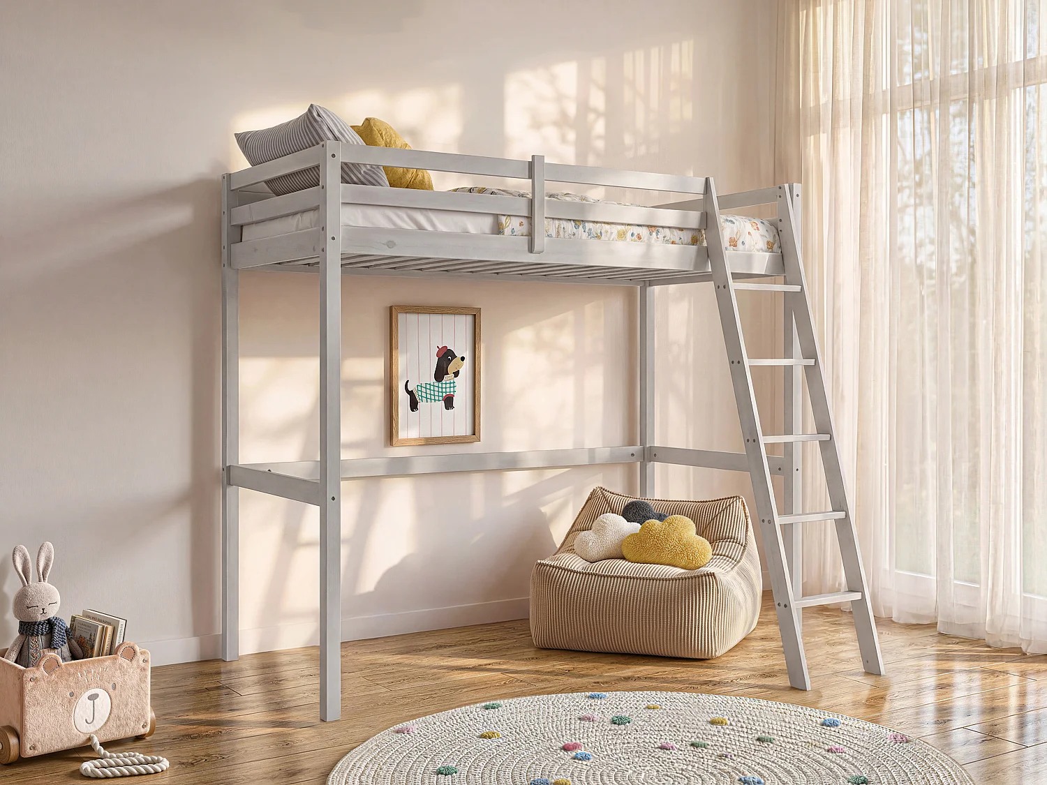 Lit mezzanine - 90 x 190 cm - Pin massif - Blanchi -GEDEON II