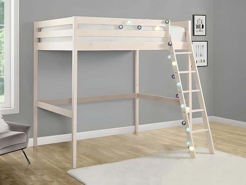 Lit mezzanine GEDEON II - 140 x 190 cm - Pin massif - Blanchi