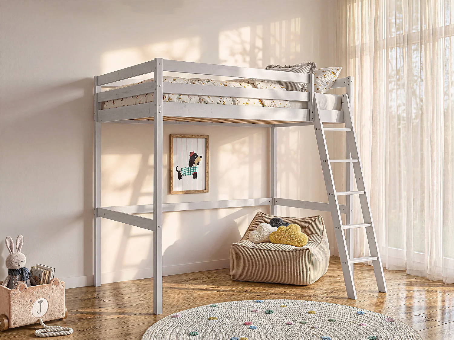 Letto a soppalco 140x190 cm in Pino massello sbiancato - GEDEON