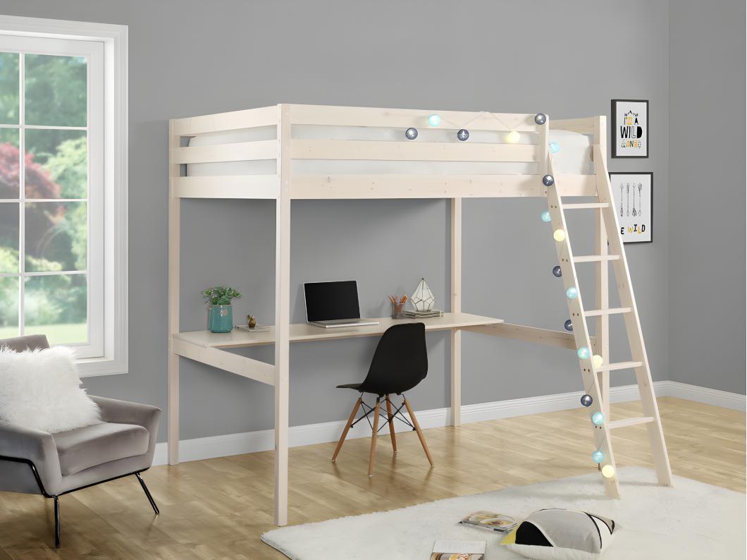 Cama alta GEDEON - 140x190 cm - Con escritorio - Pino macizo - Blanqueado