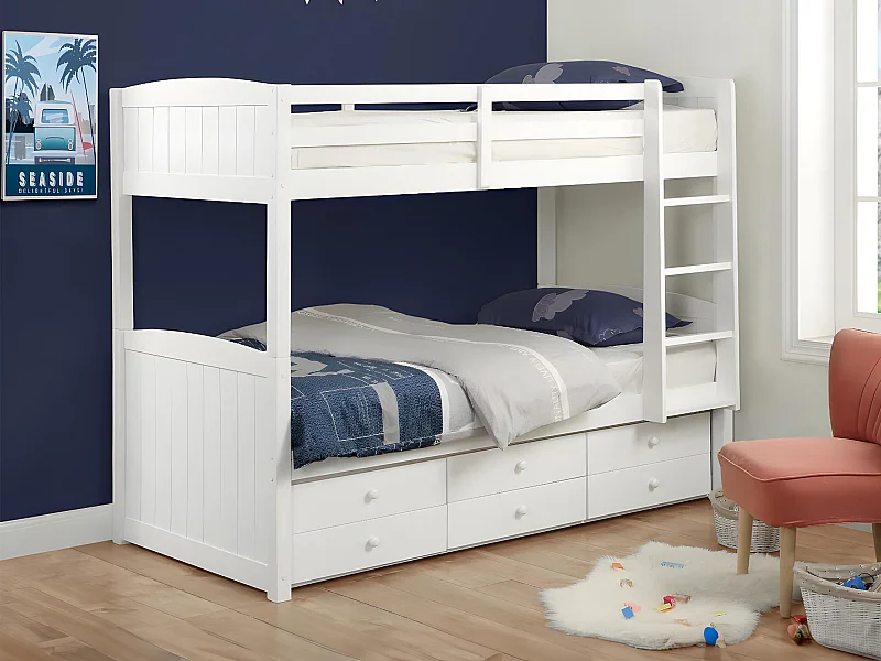 Cama litera separable ANCHISE - 90x190cm - Con compartimentos - Lacado blanco 