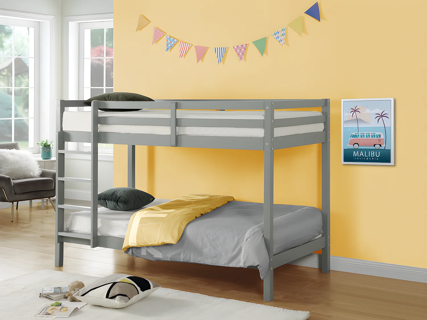 Lits superposés ANICET II - 2 x 90 x 190cm - Pin Massif - Gris