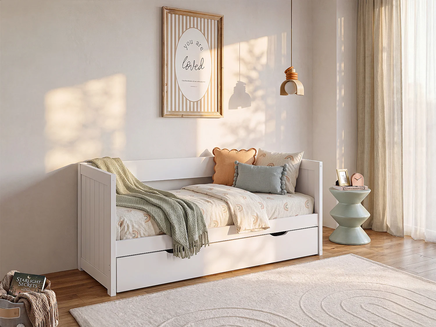 Cama nido - 90 x 190 o 174 x 190 cm  - Con somier a tablas y cajón -  Pino y MDF - blanco - ALFIERO  II