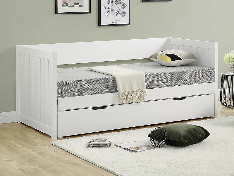 Lit gigogne banquette 90 x 190 ou 174 x 190 cm - Avec sommier peigne et tiroir - Pin et MDF - Blanc - ALFIERO II