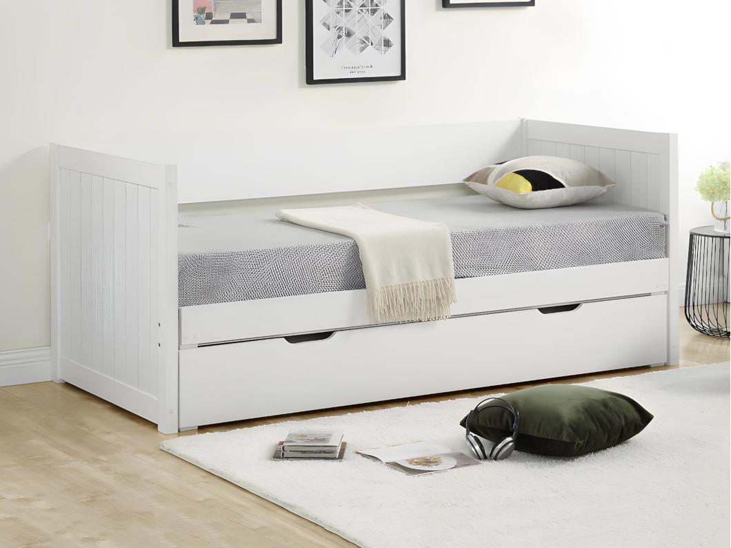 Cama nido - 90 x 190 o 174 x 190 cm  - Con somier a tablas y cajón -  Pino y MDF - blanco - ALFIERO  II