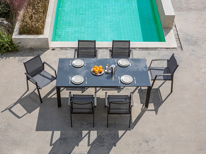Salle à manger de jardin en aluminium Table extensible + 6 fauteuils