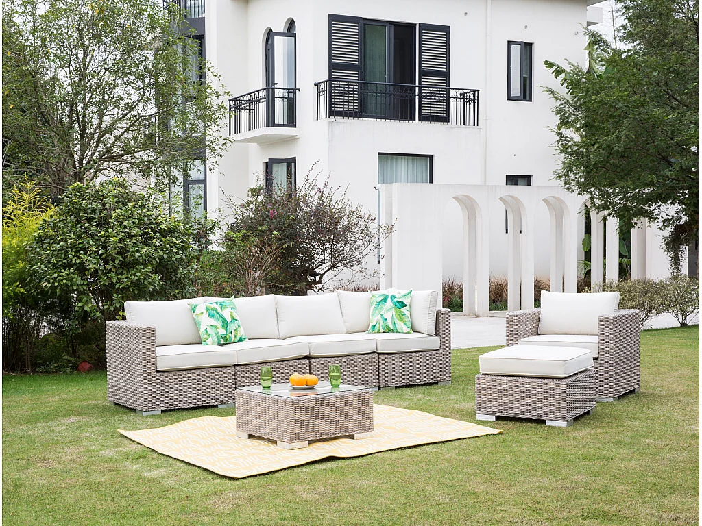 Salon de jardin modulable  en résine tressée: canapé panoramique 4 places, un fauteuil, un pouf et une table basse - BUSAN de MYLIA