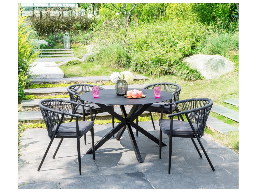 Mesa y sillas de jardín de aluminio y cuerda: una mesa redonda D. 120 cm y 4 sillones apilables - Antracita - PORTOFINO de MYLIA