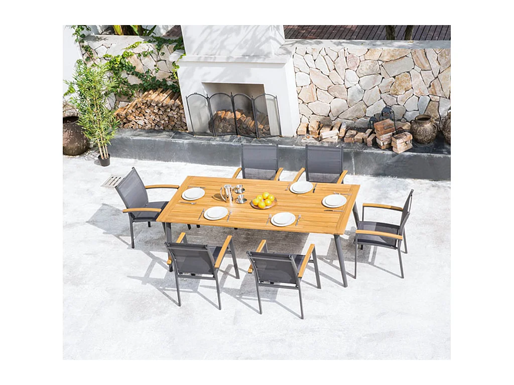 Salle à manger de jardin  en aluminium et acacia: une table L210cm et 6 fauteuils empilables avec accoudoirs acacia - CANCUN